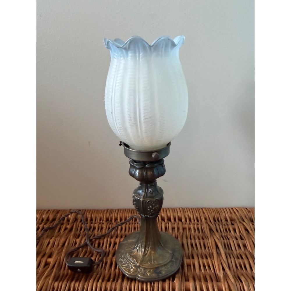 Vintage Art Nouveau Style Bronze Lamp with Frosted Glass Tulip Shade 12in